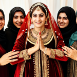 A beautiful Turkish Cypriot bride, fully clothed in a modest, traditional deep red velvet gown with intricate gold embroidery. Her face is gracefully covered by a vibrant red veil. She is surrounded by several women of various ages, all fully clothed in modest, festive, appropriate attire. The scene is set indoors during a "Kına Gecesi" (Henna Night) celebration in Northern Cyprus. The room is warmly lit with soft, ambient light, adorned with traditional textiles and subtle festive decorations. The atmosphere is poignant and joyful, showing the application of henna to the bride's hands. Professional studio photography, high detail, perfect anatomy, correct proportions, natural pose, well-formed hands, proper finger count, natural body proportions, safe for work, appropriate content, fully clothed, modest clothing, family-friendly, high quality, cinematic lighting.