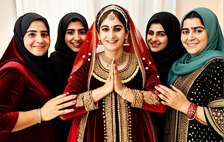 A beautiful Turkish Cypriot bride, fully clothed in a modest, traditional deep red velvet gown with intricate gold embroidery. Her face is gracefully covered by a vibrant red veil. She is surrounded by several women of various ages, all fully clothed in modest, festive, appropriate attire. The scene is set indoors during a "Kına Gecesi" (Henna Night) celebration in Northern Cyprus. The room is warmly lit with soft, ambient light, adorned with traditional textiles and subtle festive decorations. The atmosphere is poignant and joyful, showing the application of henna to the bride's hands. Professional studio photography, high detail, perfect anatomy, correct proportions, natural pose, well-formed hands, proper finger count, natural body proportions, safe for work, appropriate content, fully clothed, modest clothing, family-friendly, high quality, cinematic lighting.