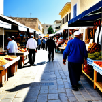 **

"A bustling marketplace scene in Northern Cyprus, featuring local vendors selling handicrafts and traditional Cypriot products, fully clothed people browsing the stalls, modest clothing, safe for work, appropriate content, bright daylight, perfect anatomy, correct proportions, professional photography, family-friendly atmosphere."

**