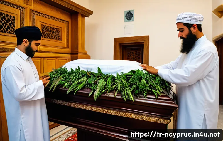 북키프로스 장례식 문화 - A respectful and emotional scene showing a North Cyprus family performing traditional funeral care r...