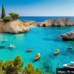 북키프로스 기후와 계절 - A vibrant Mediterranean coastal scene in Northern Cyprus during summer, featuring sunlit golden sand...