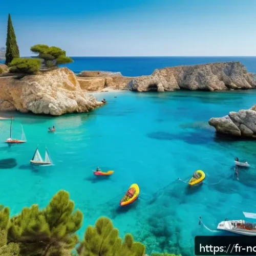 북키프로스 기후와 계절 - A vibrant Mediterranean coastal scene in Northern Cyprus during summer, featuring sunlit golden sand...