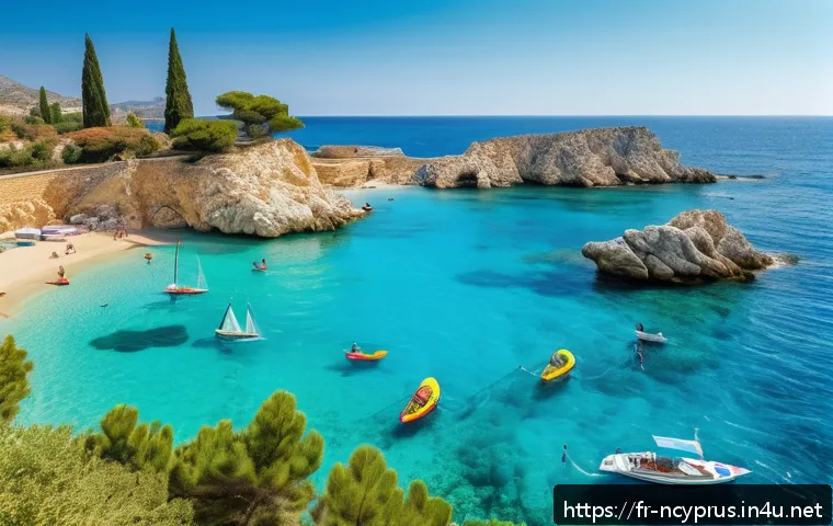 북키프로스 기후와 계절 - A vibrant Mediterranean coastal scene in Northern Cyprus during summer, featuring sunlit golden sand...