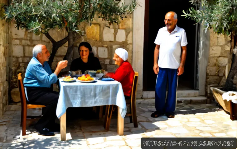 북키프로스의 가족 문화 - Photorealistic multigenerational Turkish Cypriot family sharing a relaxed Sunday lunch on a shaded s...